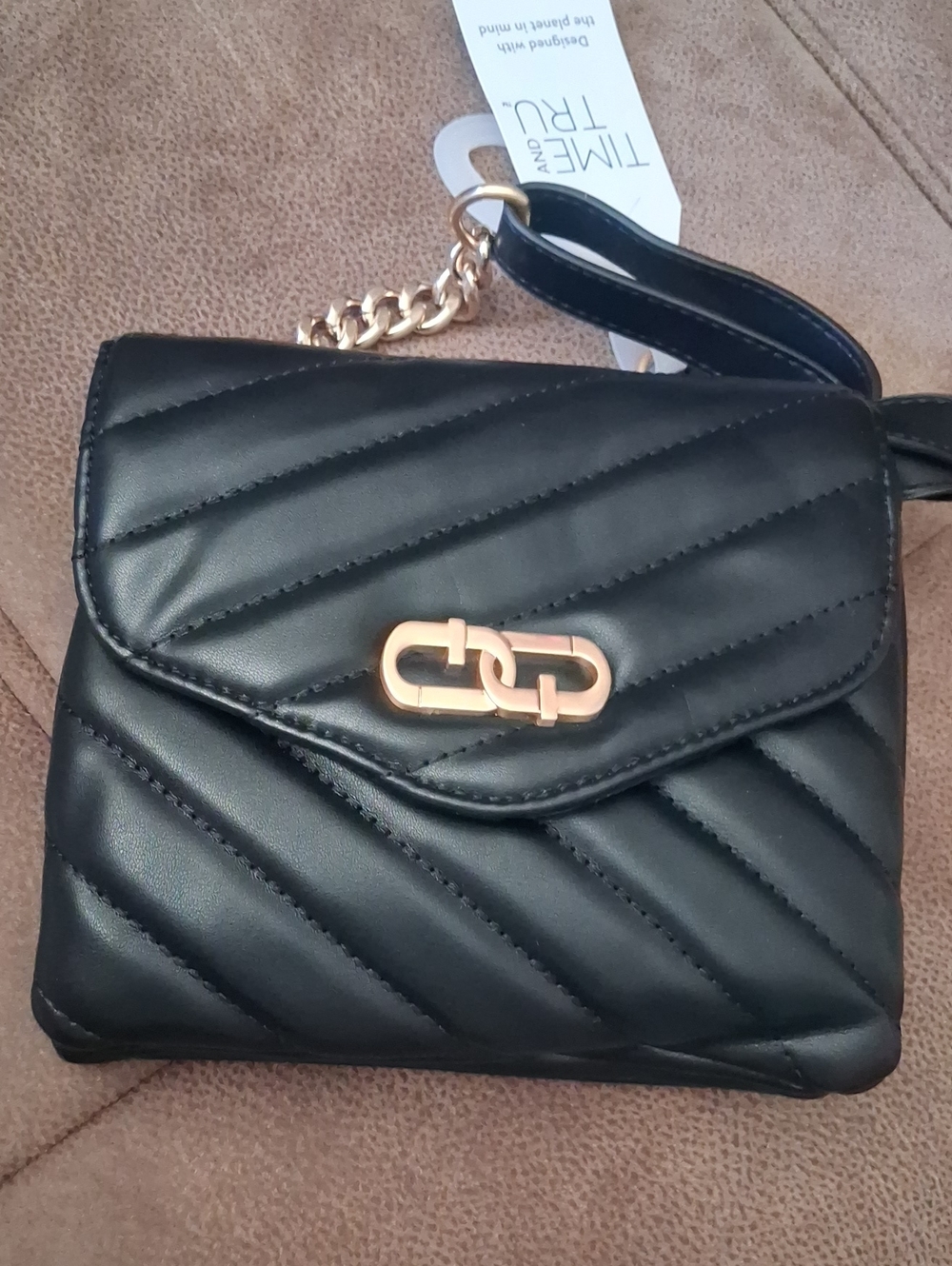 Time And Tru Black Quilted Puffer Crossbody Bag with Goldtone Hardware
